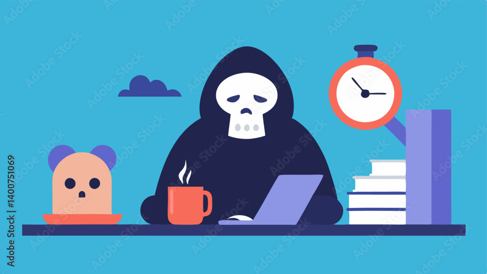 Poster messy workspace in this illustration the grim reaper is seated at a cluttered desk piled with paper 