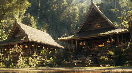 Obraz premium Picturesque Tropical Forest Houses with Traditional Roofs and Lush Greenery and Water Reflections in Soft Light