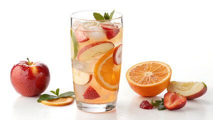 Fototapeta premium A refreshing fruit infused beverage with apples oranges and strawberries on a white background surface created with generative ai