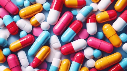 a colorful assortment of medicinal capsules and tablets on a blue surface showcasing pharmaceutical diversity and healthcare remedies close up view