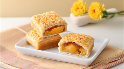 Modern Salted Egg Yolk Pastry with Pineapple Filling Surrounded by Bright Yellow Flowers