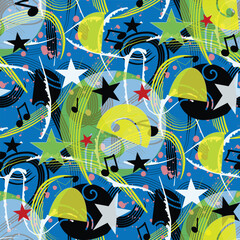 Expressive abstract lines and shapes pattern about music visual with music notes, stars, and swirls in bold, colors on a neutral blue background. Ideal for digital art, textiles, fashion, kids and