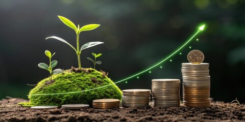 Growth of Financial Resources with Plants and Coins on Soil Illustrating Investment and Prosperity Concepts