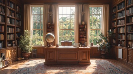 Sunlit Study: A Serene Library with Wooden Bookshelves and Large Windows