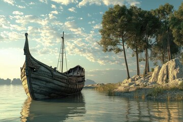 Historic wooden boat anchored by the shore at sunset near rocky landscape