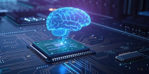 Digital Brain Concept Over Circuit Board Representing Artificial Intelligence Technology and Innovation