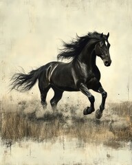 Fototapeta premium Majestic Black Horse Running Through Dusty Meadow Landscape