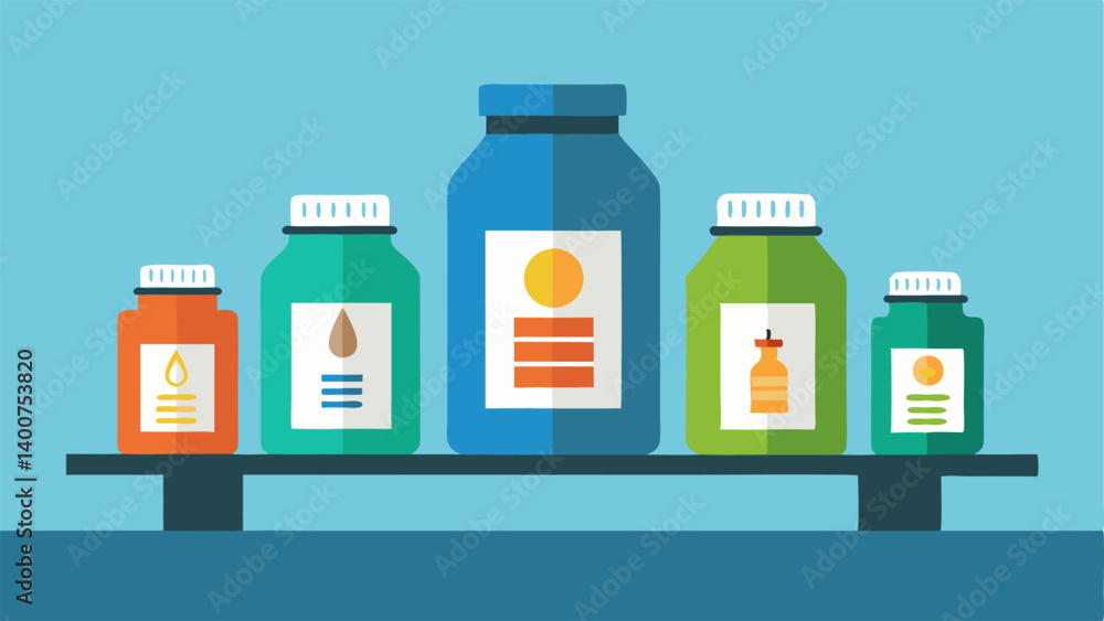 Poster supplement selection a tabletop featuring various supplement bottles with labels indicating specific