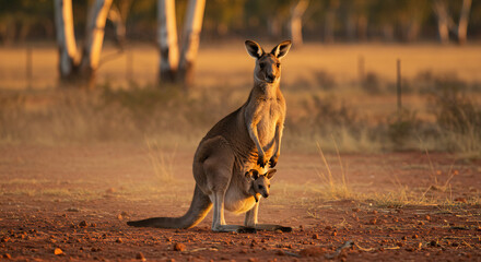 A Kangaroo and Joey at Sunset