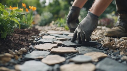 Landscaper creating a decorative stone pathway in a garden. Featuring creativity and design