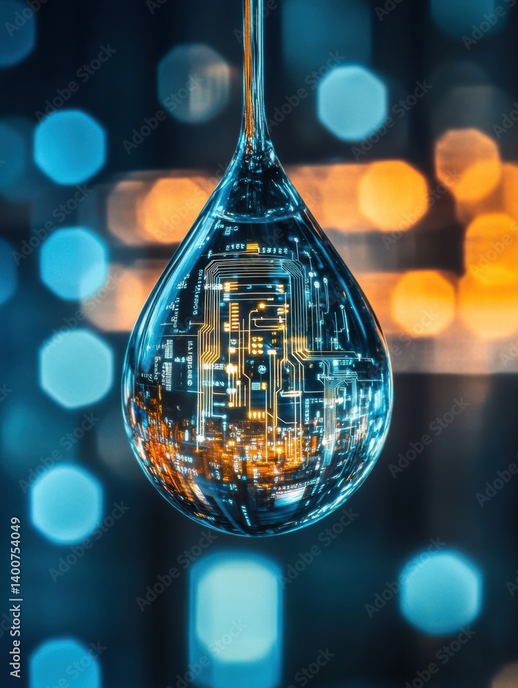 Fototapete Fusion of technology and nature in macro water droplet with digital circuit reflection captured in a creative artistic moment