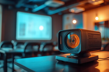 Projector emitting light, highlighting a map on the wall in a dimly lit room.