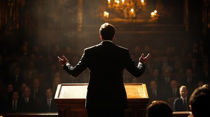 Man speaks at podium before crowd, back view, in dim, ornate hall. Ideal for themes of politics, leadership, motivation, and success.