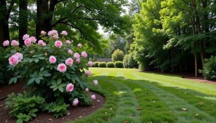 Rose bush in sunlit garden corner, tranquility and beauty