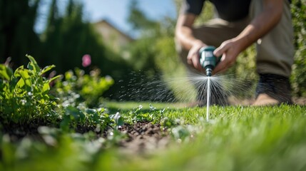 Landscaper installing a sprinkler system in a garden. Featuring efficiency and design