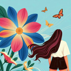 Dreamy Girl Watching Butterflies with Giant Colorful Flower in Surreal Nature