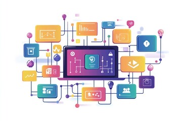 Colorful laptop network diagram, interconnected applications, digital work,  white background