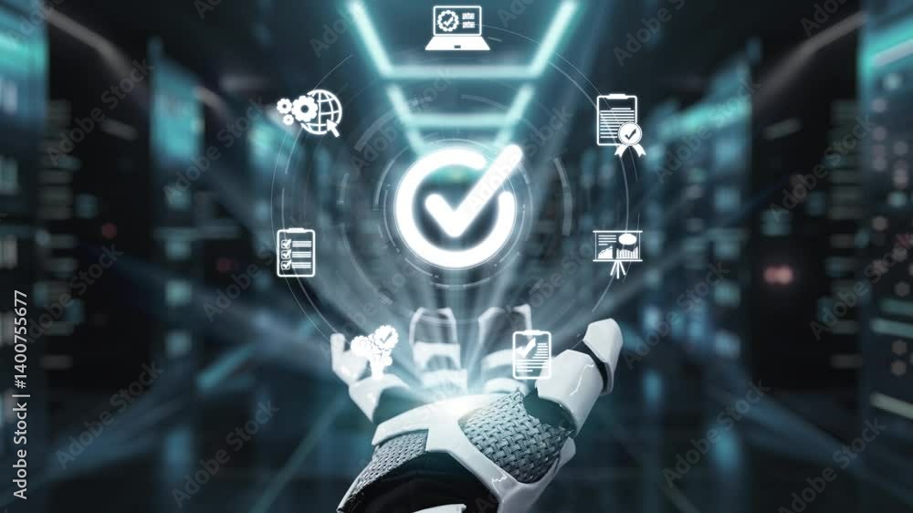 Aufkleber a futuristic robotic hand engages with digital icons, symbolizing technology, efficiency, and innova