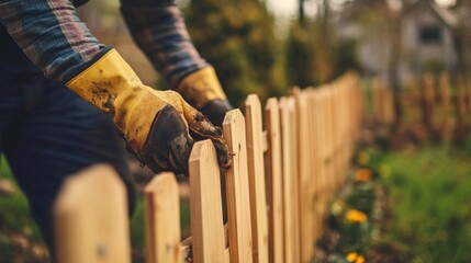 Landscaper installing a wooden garden fence. Featuring functionality and security
