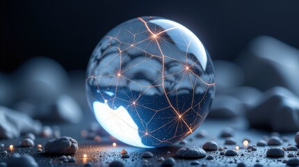 Glowing crystal ball with interconnected network amidst rocks illuminated in mysterious ambient light.