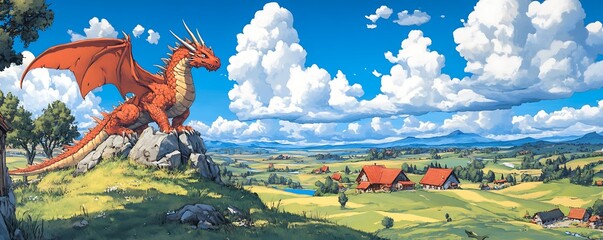 A majestic red dragon overlooking a beautiful landscape on a bright day