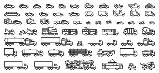large collection set of simple vehicle black outline line linework silhouette side view icon symbol vector on transparent background