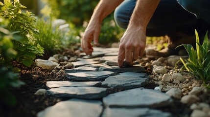 Landscaper installing stone paths in a garden. Featuring design and functionality