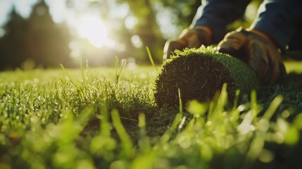 Landscaper laying down fresh sod for a lawn. Featuring care and rejuvenation
