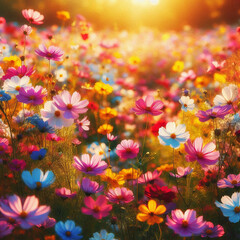 Magical Blooming Wildflower Field at Sunset with Radiant Colors