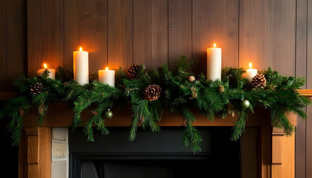 Evergreen garland draped across a rustic wooden mantel, accented with glowing candles for a festive touch