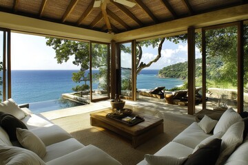 Fototapeta premium Luxury villa living room overlooking a stunning ocean view and infinity pool. Perfect image to showcase travel, vacation homes or coastal designs.