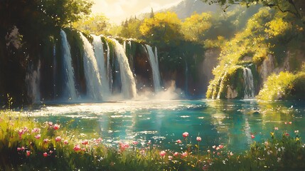 Naklejka premium Romantic oil painting of Plitvice Lakes in spring, wildflowers blooming along the edges of the waterfalls, crystal-clear waters reflecting soft pink cherry blossoms,