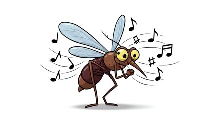 Cartoon mosquito playing music with joy and whimsy