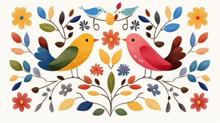 Vibrant folk art painting of woven birds and flowers cultural textile design abstract cloth artistic display