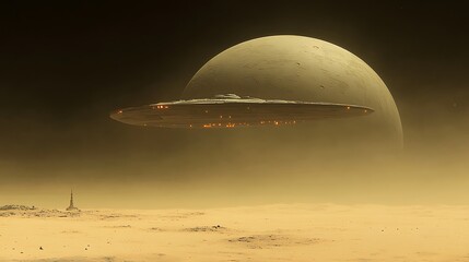 Futuristic spaceship hovering above an alien planets surface
