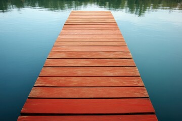 Obraz premium Red Wooden Dock Extending into Calm Water: A long, narrow red wooden dock stretches serenely across the surface of a calm, tranquil body of water, inviting exploration and reflection.