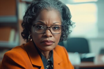 wide angle portrait of a Middle aged african american businesswoman looking at camera in office
