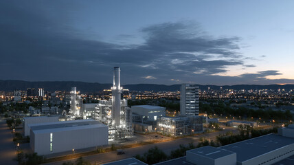Fototapeta premium modern industrial facility illuminated at dusk, showcasing advanced technology and infrastructure. scene captures essence of innovation and energy production in vibrant urban landscape