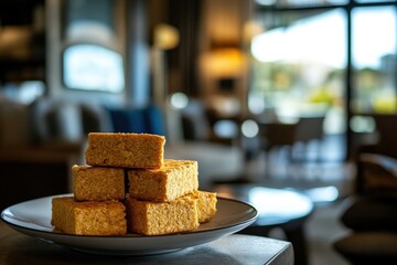 Stack of golden brown square biscuits on a plate.