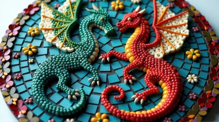 Colorful mosaic of red and green dragons with geometric patterns and flowers.