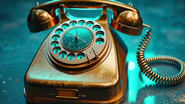 Vintage rotary phone transformation against neon light in atmospheric ambiance
