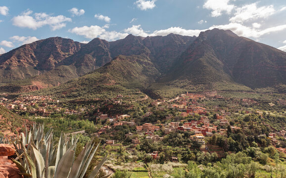 View over the Ourika Valley and traditional rural Berber villages in Spring in the Atlas Mountains, Morocco
