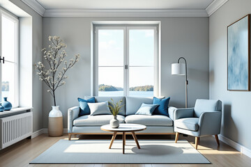 Fototapeta premium Sky Blue Sanctuary, A Scandinavian living room with sky blue accents and minimalist decor. The calming sky blue elements enhancing the room’s peaceful and airy atmosphere.