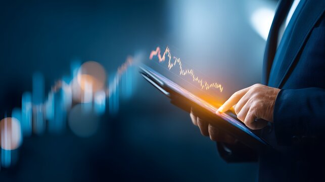 
Businessman analyzing financial data and graph on a digital tablet with a business chart, stock market, and stock bear market background concept of macroeconomic corporate sales growth - Powered by Adobe