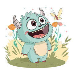 Vector Illustration of Cute Baby Monster Smiling at Butterfly in a Meadow, Funny Cartoon Character for Kids, Ideal for Books, Posters, Stickers, T-Shirts, and Educational Materials