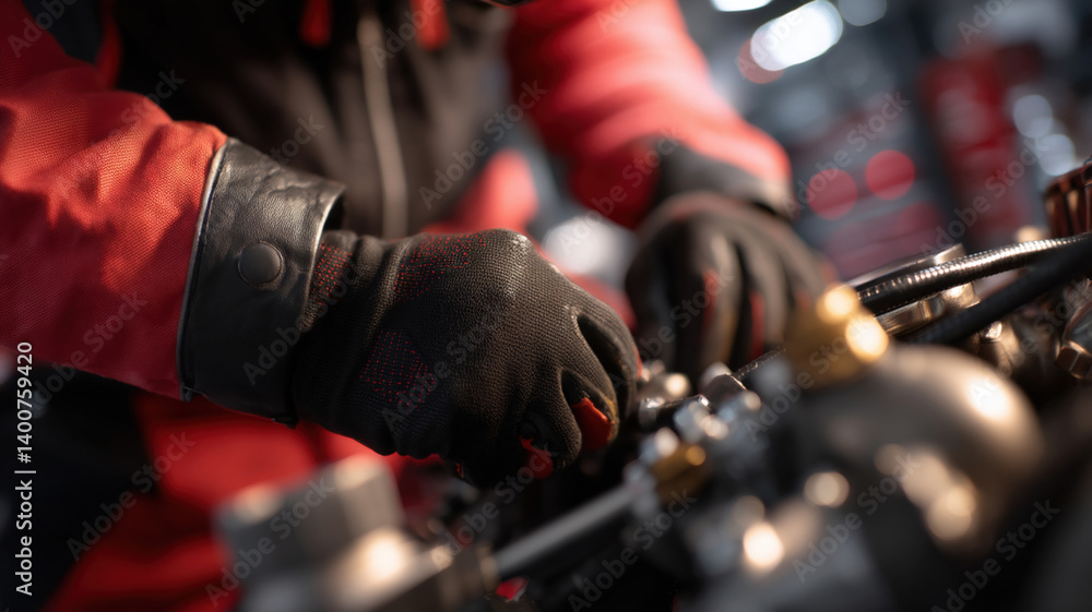 Aufkleber mechanic wearing black gloves is focused on tuning high performance engine in workshop. environment 