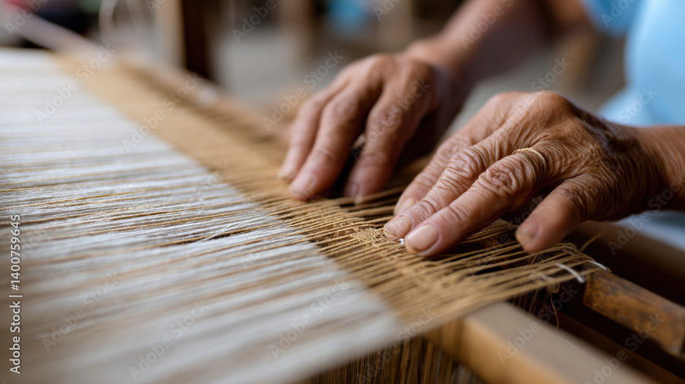 Poster weaving hands create intricate patterns on loom, showcasing skill and dedication involved in traditi