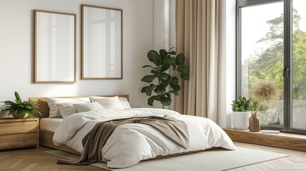 Cozy bedroom and empty frame on the wall, mock up