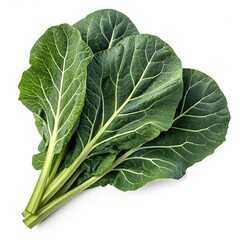 Collard Greens, fresh and whole leaves, deep green color with broad flat surfaces and prominent veins, slightly dewy texture, isolated on pure white background