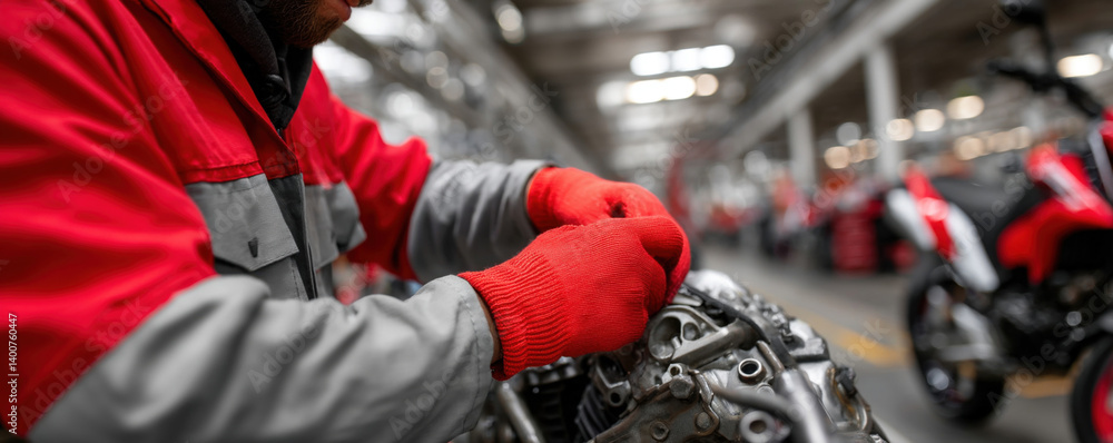 Poster factory worker in red and gray uniform is focused on assembling motorcycle engine, showcasing precis